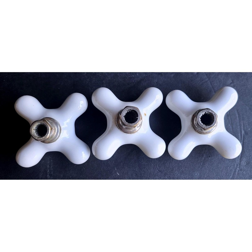 Vintage White Porcelain Cross Faucet Handles Set Hot Cold Waste Ceramic 3pc - Picture 5 of 7